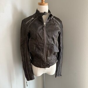 Vtg Y2K Gimos genuine leather oiled faded distressed fitted moto jacket